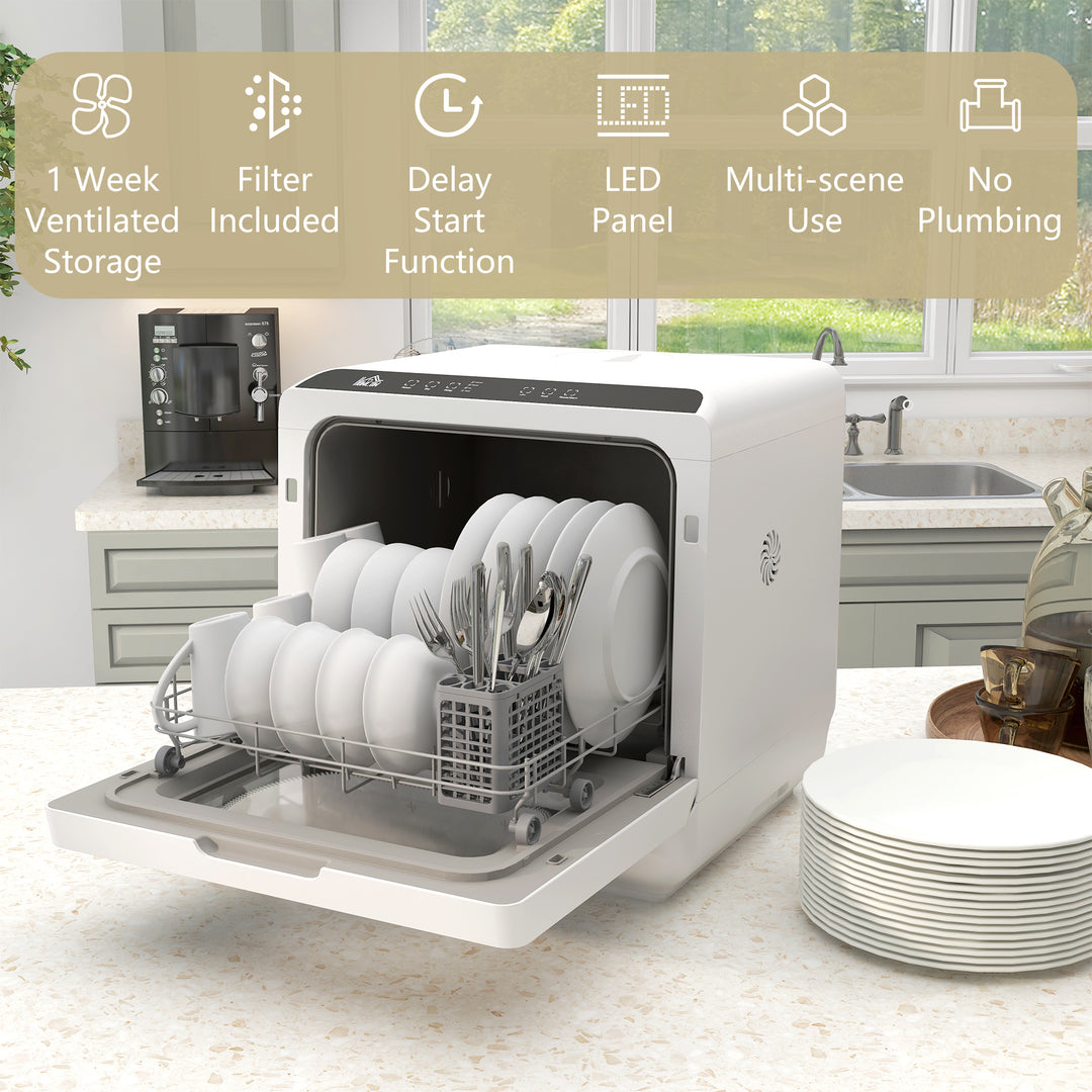 Table Top Dishwasher with Built-in 6L Water Tank, Mini Countertop Dishwasher with 6 Programs, 4 Place Settings, Black