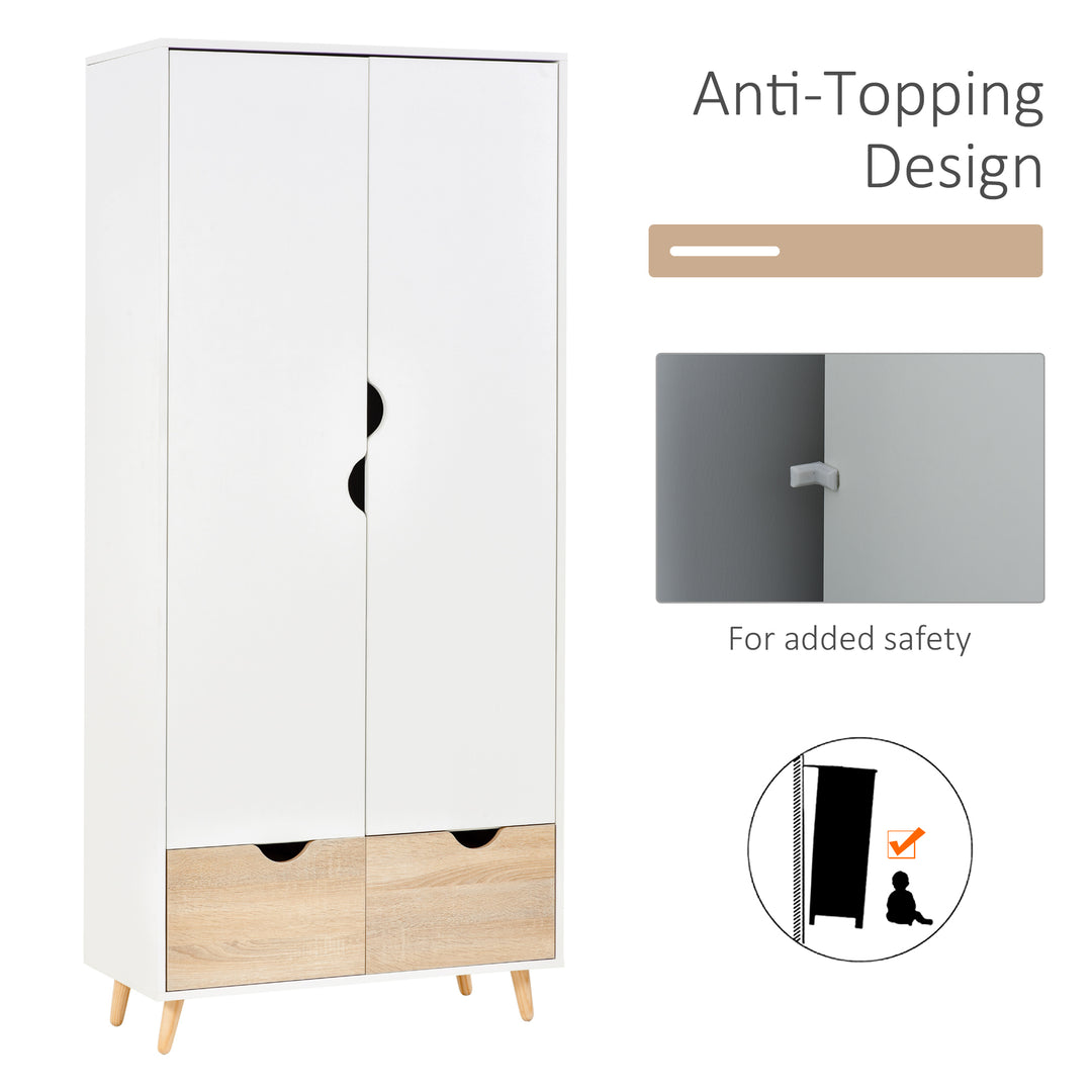 HOMCOM 2-Door Clothes Wardrobe w/ Rail Shelf 2 Drawers Wood Feet Elegant Home Storage Organisation Furniture Dresses Coats Blankets White | Aosom UK