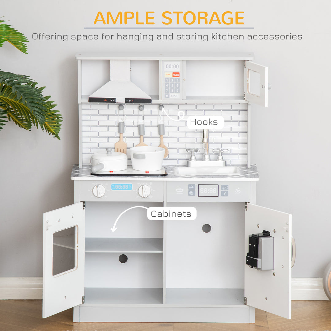 MCL Kids Wooden Toy Kitchen Pretend Play Cooking Playset w/ Sound & Light Effect, Battery Operated Cooktop, Ice Machine, Marble Pattern Countertop, for 3-6 Years Old