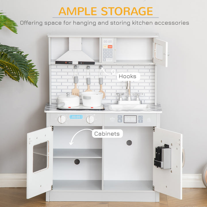 MCL Kids Wooden Toy Kitchen Pretend Play Cooking Playset w/ Sound & Light Effect, Battery Operated Cooktop, Ice Machine, Marble Pattern Countertop, for 3-6 Years Old