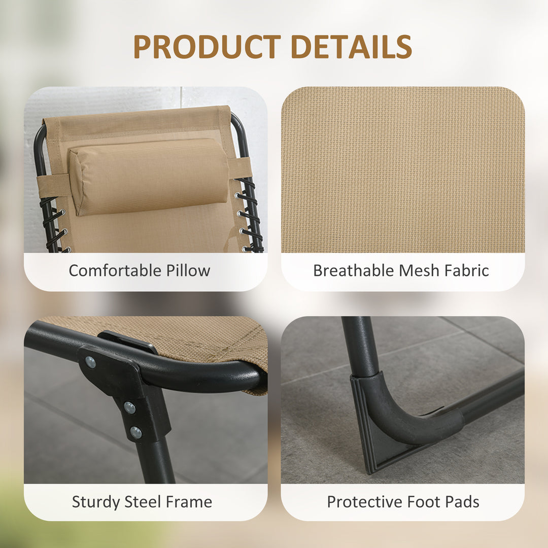 MCL Portable Sun Lounger, Folding Camping Bed Cot, Reclining Lounge Chair 5-position Adjustable Backrest with Side Pocket, Pillow for Patio Garden Beach Pool, Beige