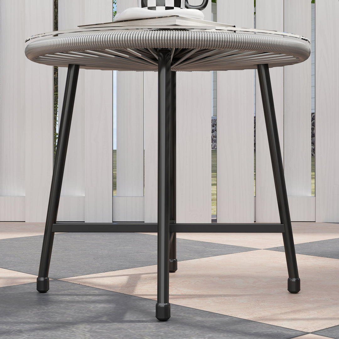 3 Pieces Rattan Bistro Set, Garden Bistro Set with Acapulco Chairs and Glass Top Table, Small Garden Furniture Set with Reinforced Metal Frame for Outdoor, Patio, Balcony, Grey