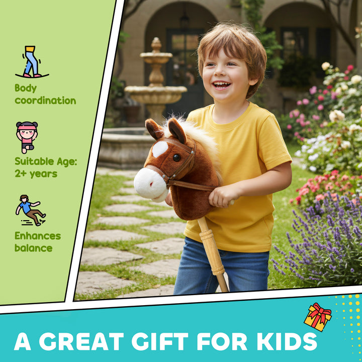 Stick Horse with Wood Wheels, Real Pony Neighing and Galloping Sounds, Grip Handle, 95 cm