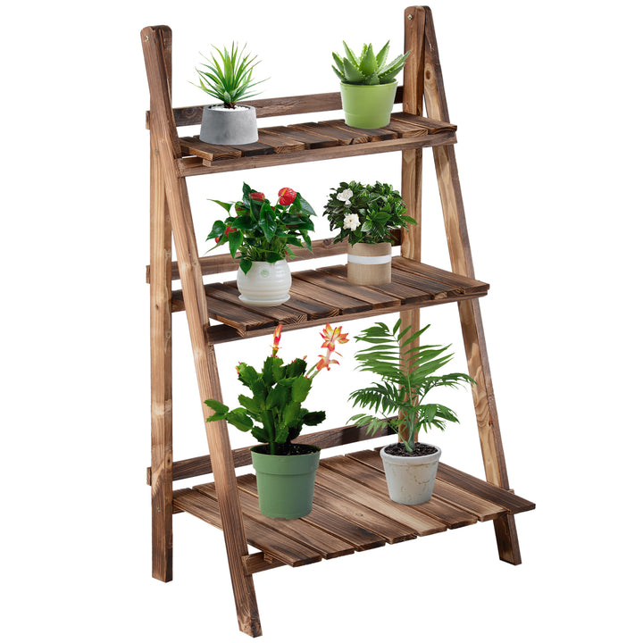 Outsunny Wooden Folding Flower Pot Stand 3 Tier Garden Planter Display Ladder Gardener Storage Shelves Rack (60L x 37W x 93H (cm)) | Aosom UK