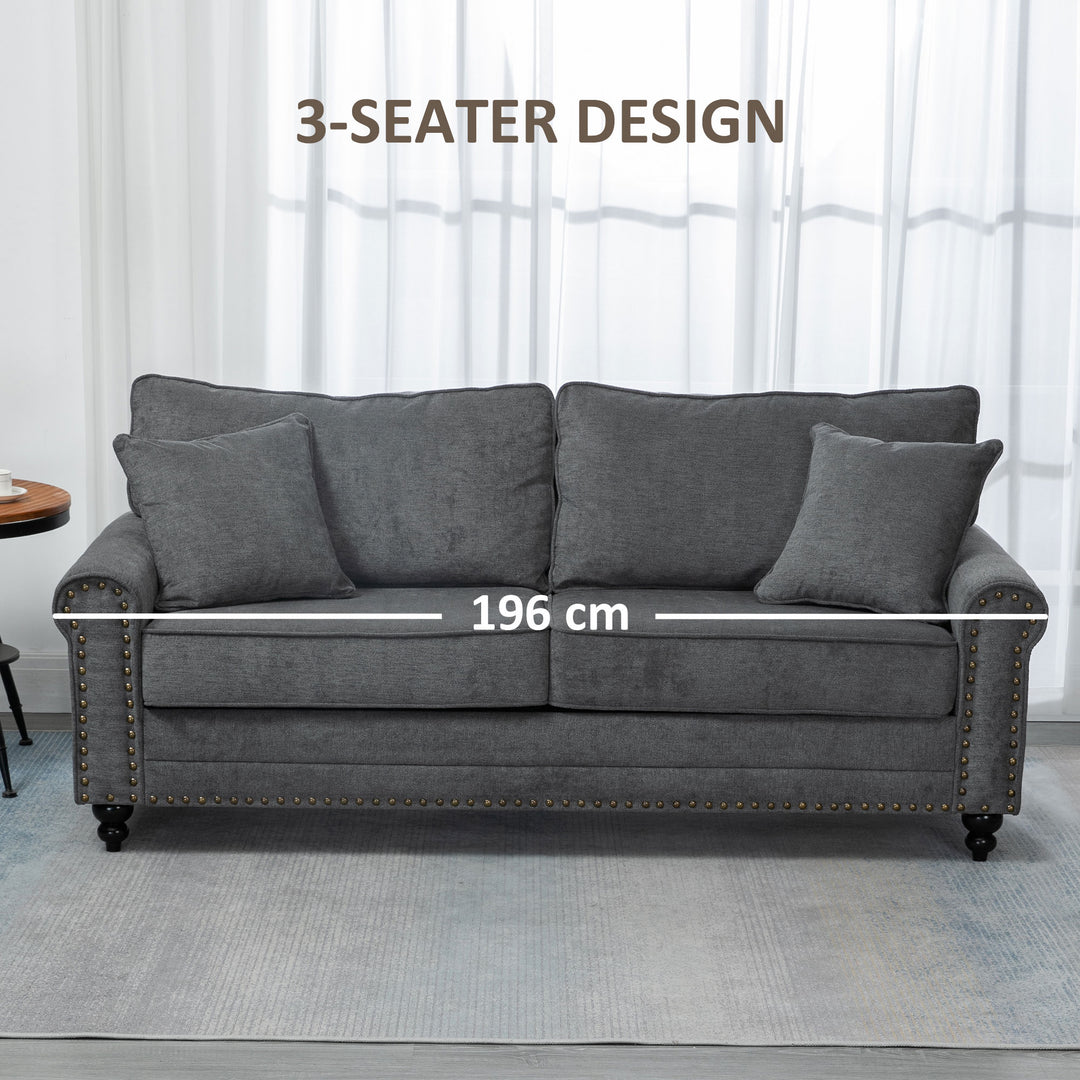 3 Seater Sofa, Fabric Couch with Rubber Wood Legs, 3 Seater Settee with Extra Padded Cushions and Pillows for Living Room, 196W x 80.5D x 89H cm, Grey