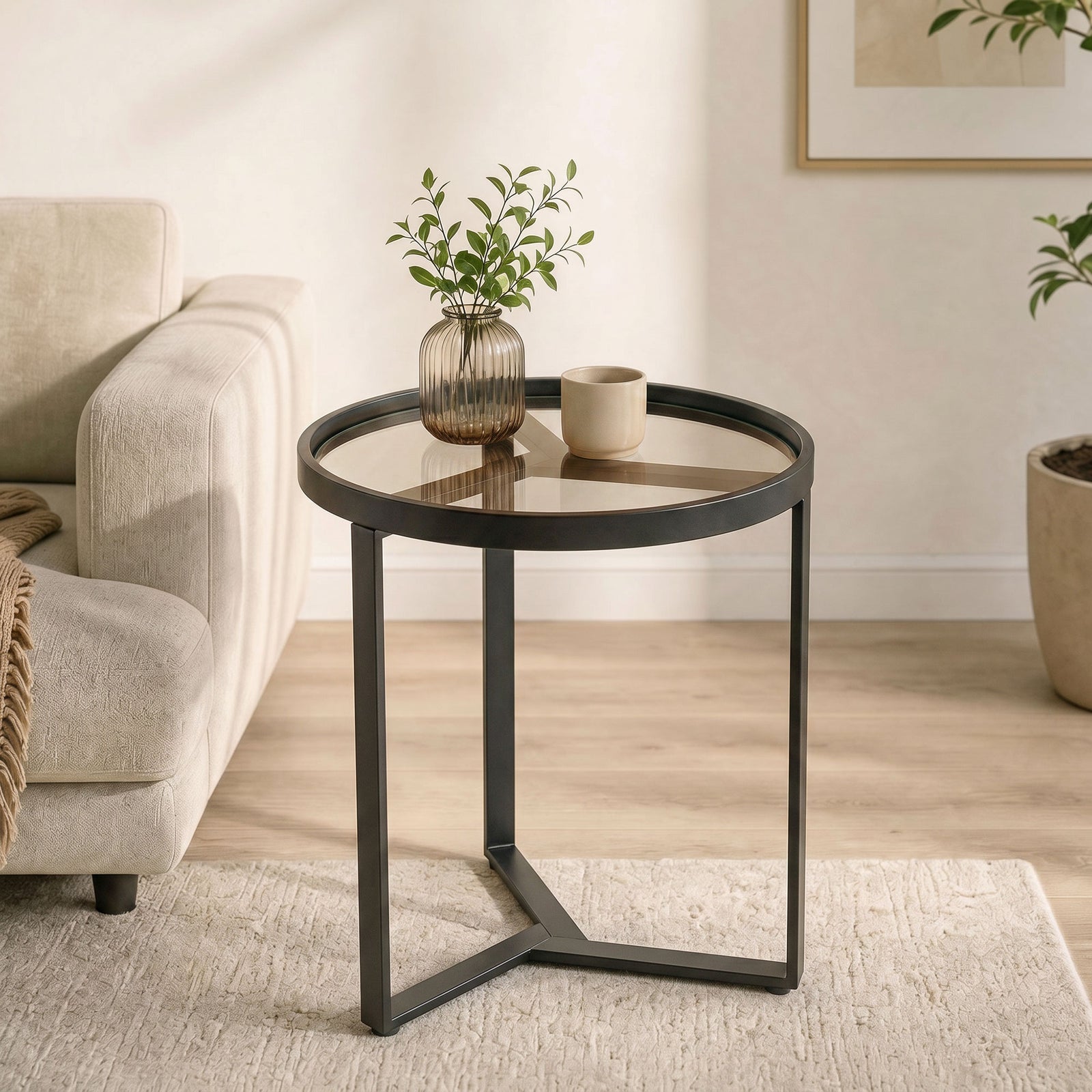 Round Side Table with Tempered Glass Top and Geometric Metal Frame for