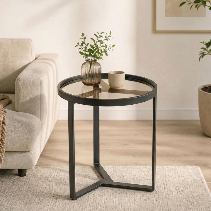 Round Side Table with Tempered Glass Top and Geometric Metal Frame for
