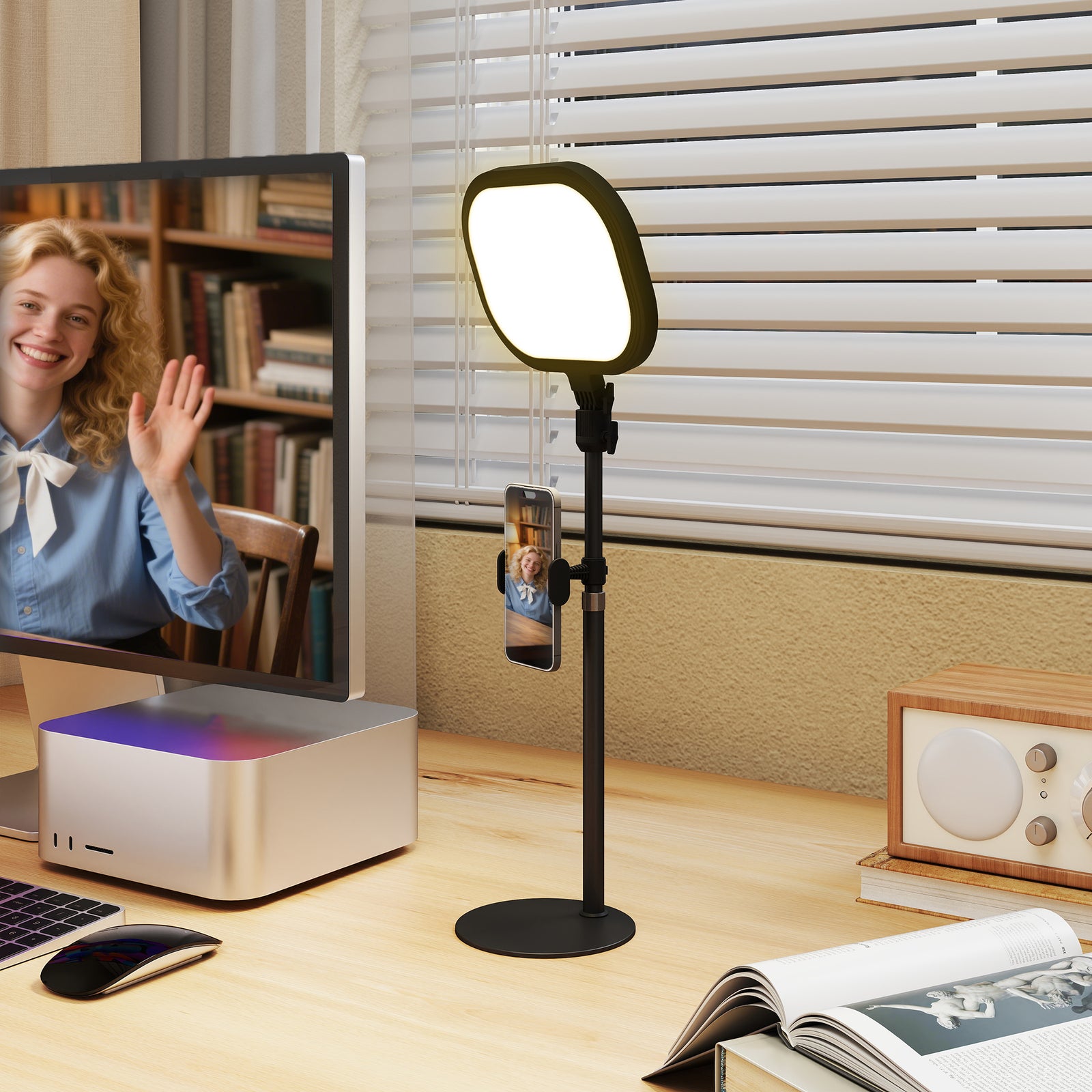 Selfie Light for Video Conference Lighting, Dimmable Desk Lamp with Stand Phone Holder, 5 Colour Modes & 10 Brightness Levels, Memory Function for Home Office, Recording, Video Calls, Black