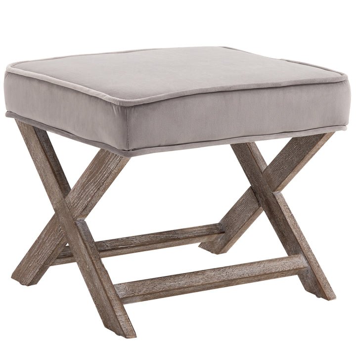 HOMCOM Padded Footstool with Velvet Cover and X Leg Chair, Shabby Chic Footrest, Solid Rubber Wood, 49.5 x 45 x 41 cm, Grey