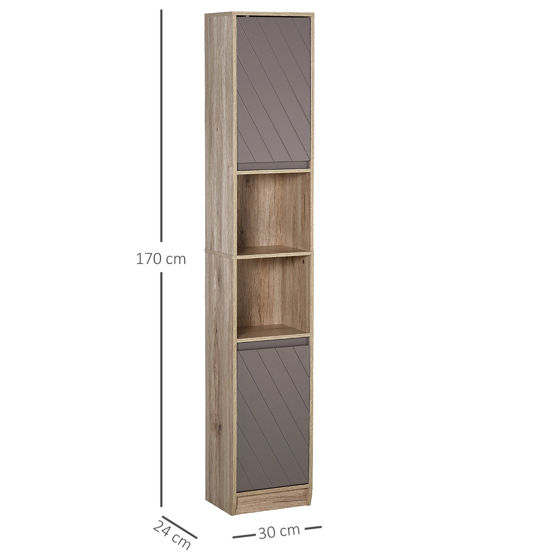 Narrow Bathroom Cabinet, Slim Bathroom Storage Unit with Open Compartment, Freestanding Storage Cupboard with Adjustable Shelves for Small Spaces, 30 x 24 x 170 cm, Grey and Oak