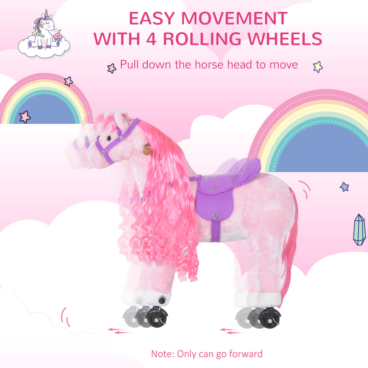 Plush Walking Horse Ride On Toy with Wheels and Realistic Sounds Rocking Horse for Girls Boys 2+ Years Old, 50cm Tall, Pink