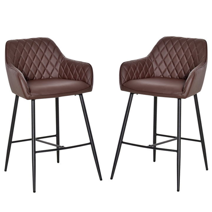 HOMCOM Set of 2 Bar Chair With Backs Retro, PU Leather Bar Stools w/ Footrest Metal Frame Comfort Support Stylish Dining Seating, Brown | Aosom UK