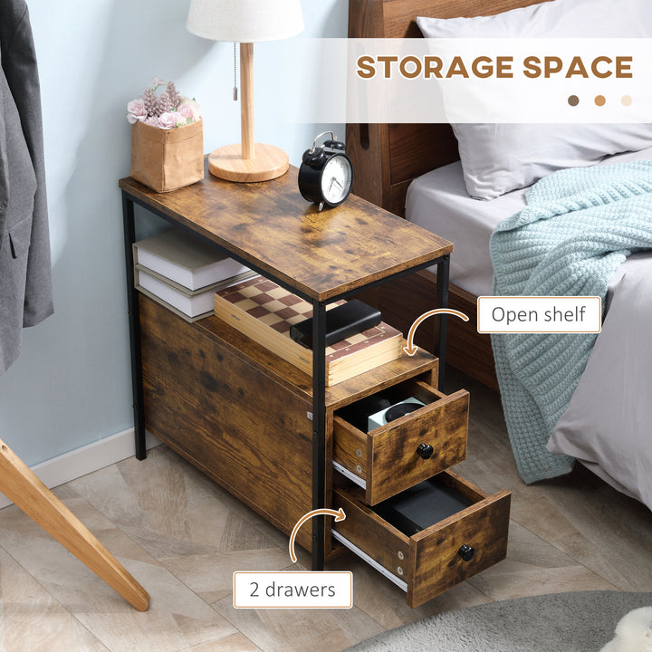 MCL Side Table, Narrow Bedside Table with 2 Drawers and Storage Shelf, Industrial End Table with Metal Frame for Small Spaces, Rustic Brown