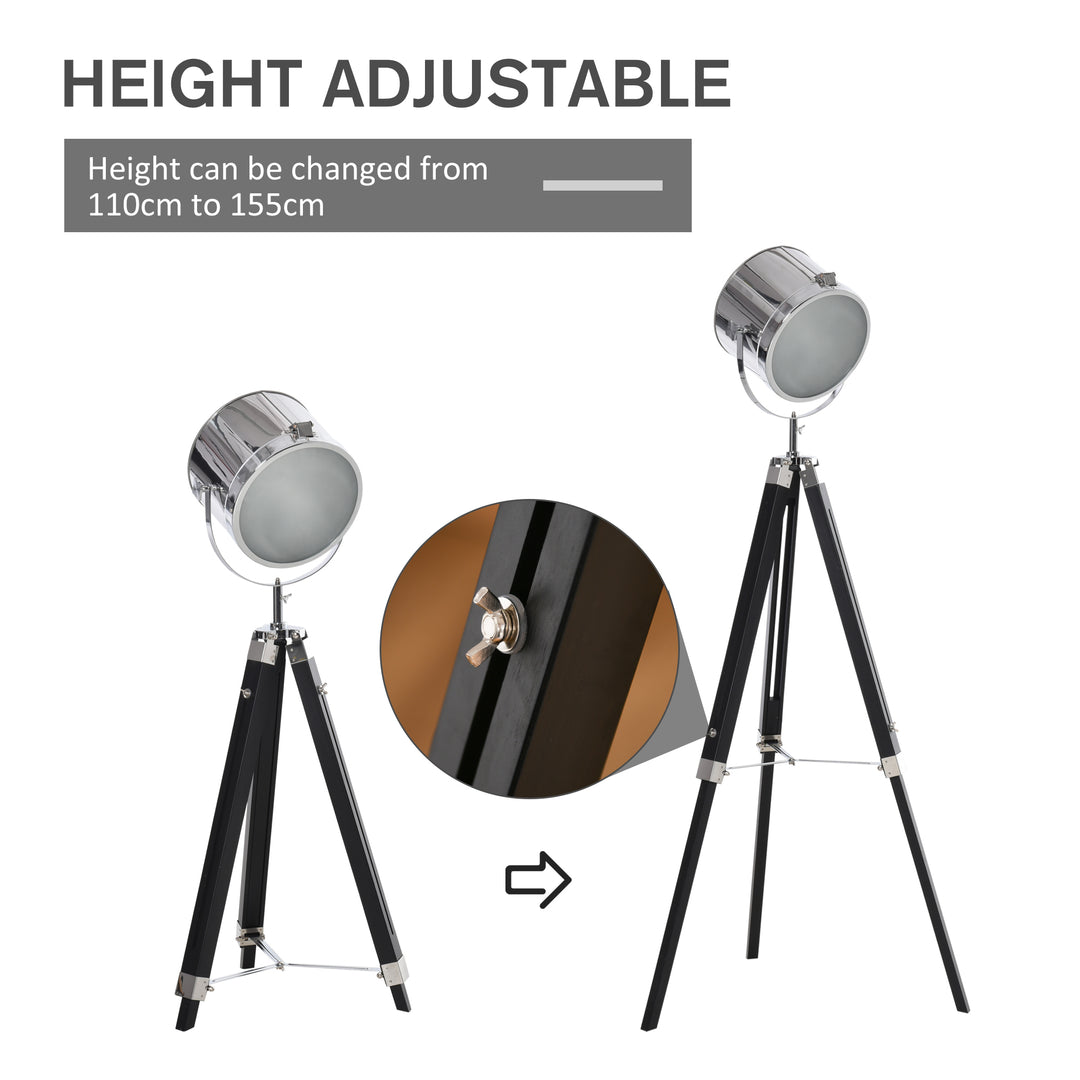 MCL Industrial Style Adjustable Tripod Floor Lamp, Searchlight Lamp with Wooden Legs and Steel Lampshade, 110-155cm, Black