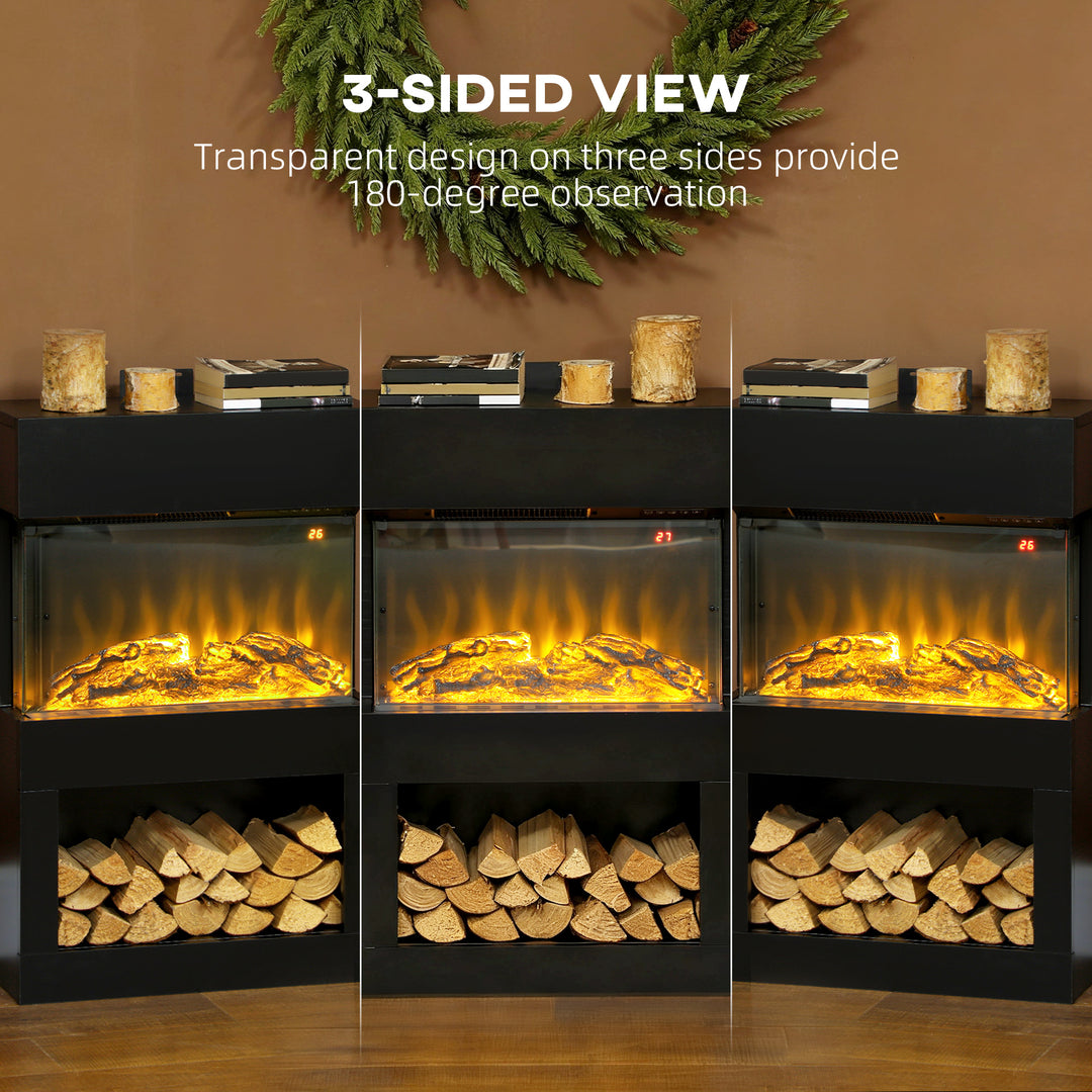 HOMCOM Electric Fireplace with 3D Flame Effect, 6 Colours & 3 Brightness Levels, 1000W/2000W Black Electric Fire and Mantel Reach up to 30㎡ Space with Remote & Timer, 3 Sided View for Living Room