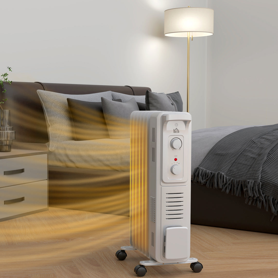 1500W Quiet Oil Filled Radiator, 7 Fin Energy Efficient Portable Electric Heater with 3 Heat Settings, Adjustable Thermostat, Safety Tip Over, Overheat Protection, for Home, White