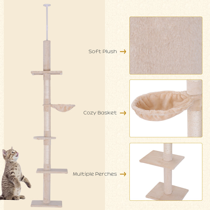 MCL Floor to Ceiling Cat Tree Height Adjustable 230-260cm, 5-Tier Cat Tower with Scratching Post, Hammock, Perches, Climbing Activity Centre for Indoor Kittens, Beige
