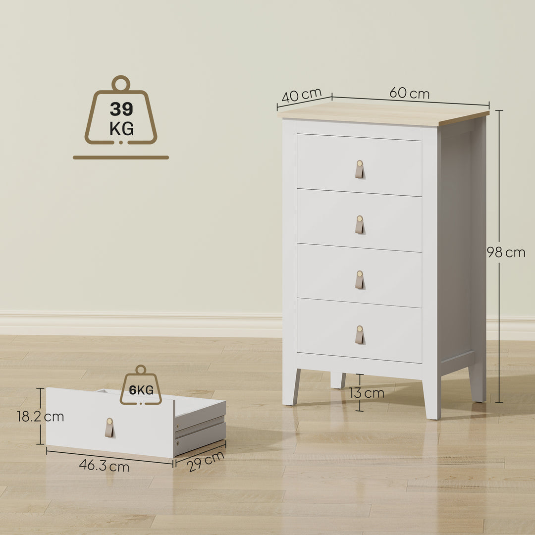 Bedroom Chest of Drawers, Modern 4 Drawer Dresser Cabinet with PU Leather Handles and Metal Runners for Living Room, Hallway, Entryway, White