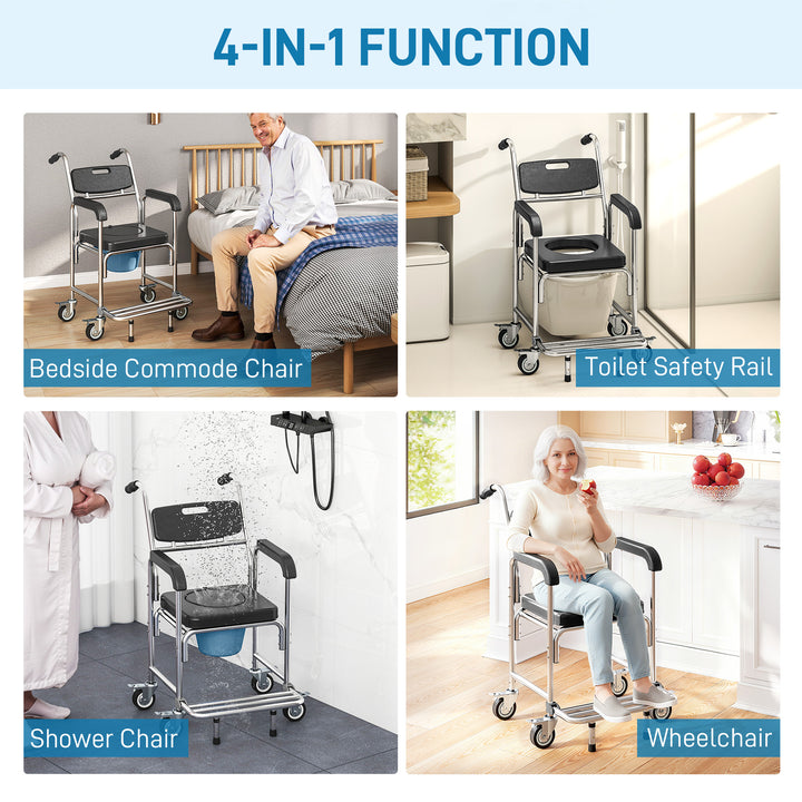 Transport Beside Shower Chair, 3-in-1 Commode Chair with Wheels and Pa