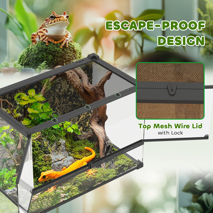 Reptile Glass Terrarium with Stone Background, Front Ventilation, Escape-Proof Knob Lock, 50 x 30 x 35 cm, Black
