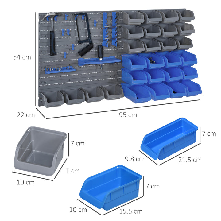 DURHAND Wall Mounted Tool Organiser, 44 Piece Storage Bins, Panel Set with Shelf, Hooks, Screws for Workshop, Blue | Aosom UK