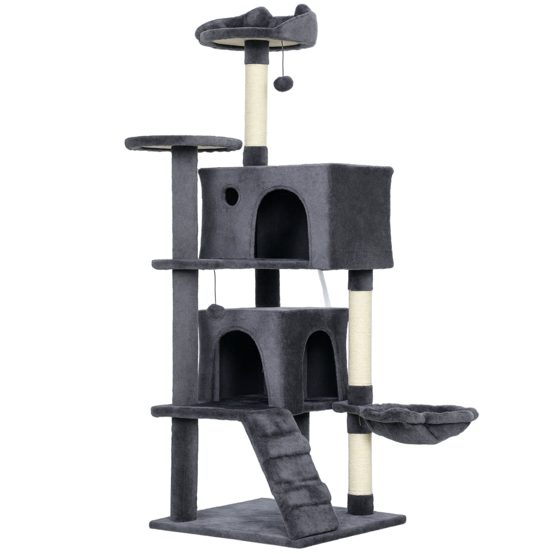 MCL 140cm Large Cat Tree Tower with Sisal Scratching Posts, Cat Houses, Plush Perches, Hammock, Ladder, Dark Grey
