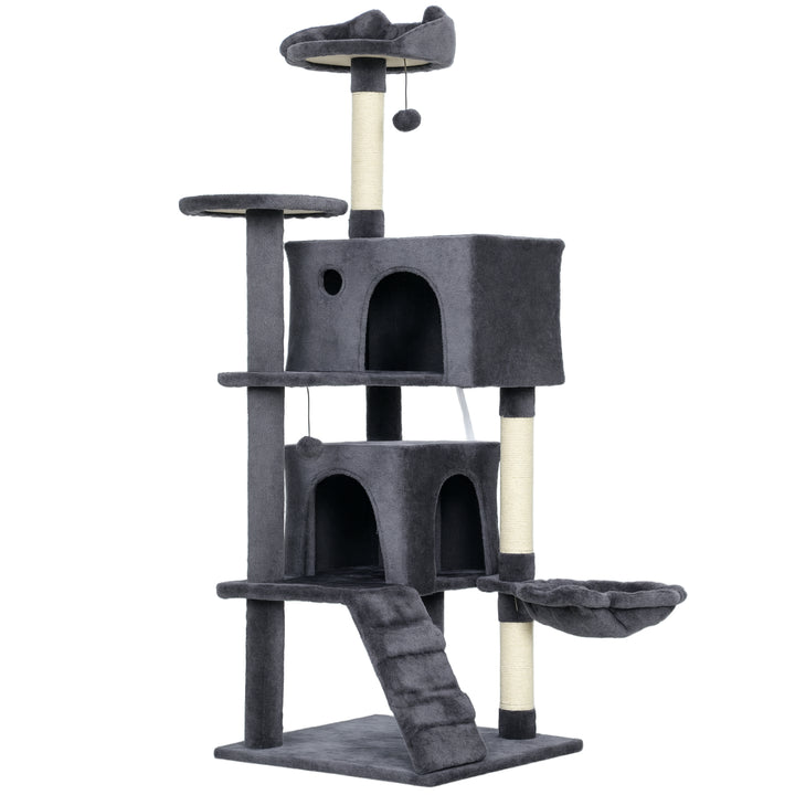 MCL 140cm Large Cat Tree Tower with Sisal Scratching Posts, Cat Houses, Plush Perches, Hammock, Ladder, Dark Grey