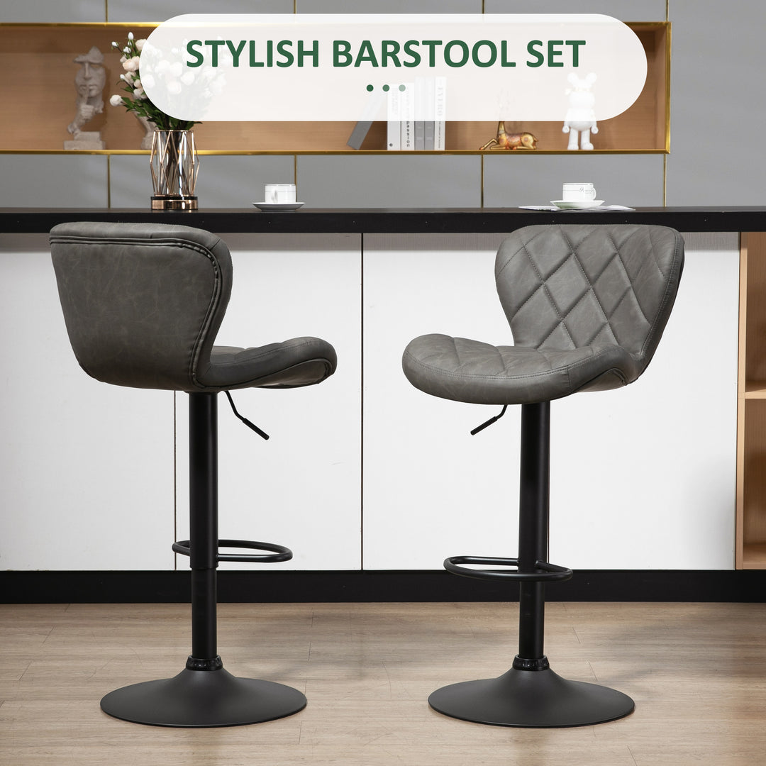 HOMCOM Adjustable Height Bar Stools Set of 2, Swivel Barstools w/ Backrest, Footrest, Steel Frame Diamond Pattern PU, Kitchen, Dark Grey | Aosom UK