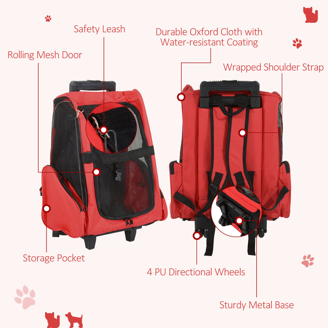 MCL Pet Travel Backpack Bag Cat Puppy Dog Carrier w/ Trolley and Telescopic Handle Portable Stroller Wheel Luggage Bag (Red)