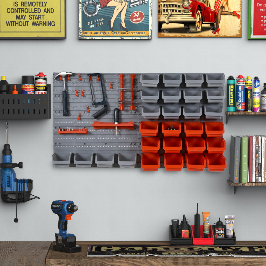44 Piece Wall Mounted Tool Rack Organiser Storage Bins and Panel Set with Shelf Hook Screws Accessories Red