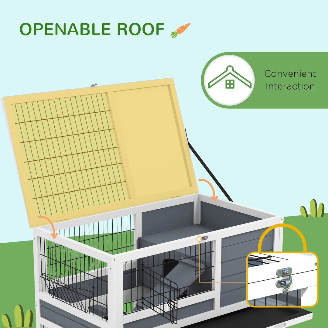 PawHut Double Deckers Guinea Pig Cage Rabbit Hutch Indoor with Feeding Trough, Trays, Ramps, Openable Top - Grey | Aosom UK