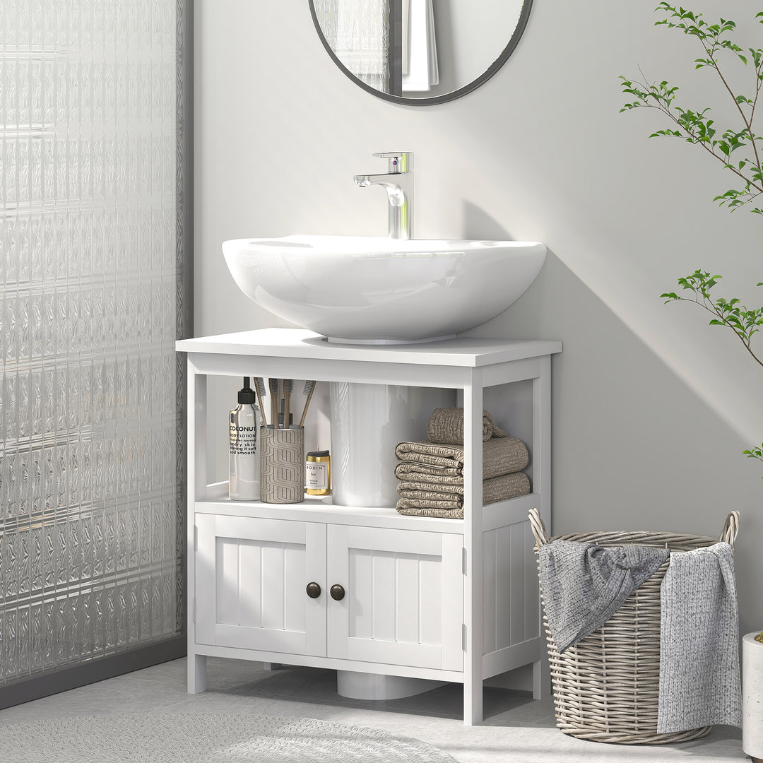 Pedestal Under Sink Cabinet with Double Doors, Modern Bathroom Vanity Storage Unit with Shelves, White