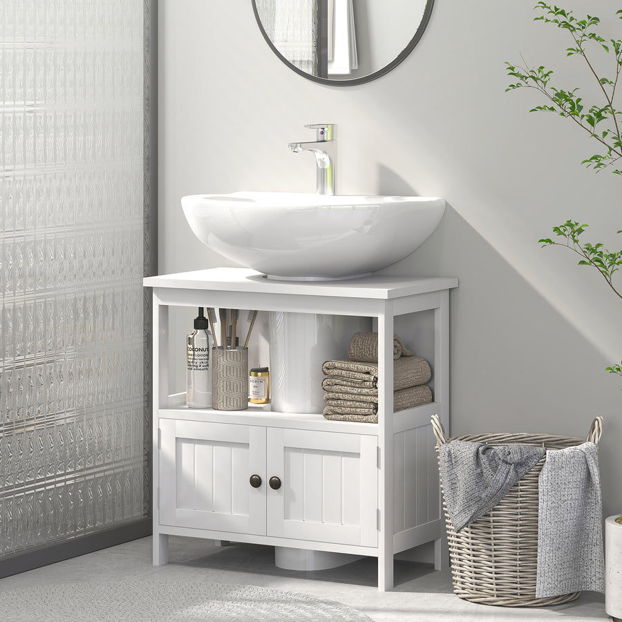 Pedestal Under Sink Cabinet with Double Doors, Modern Bathroom Vanity Storage Unit with Shelves, White