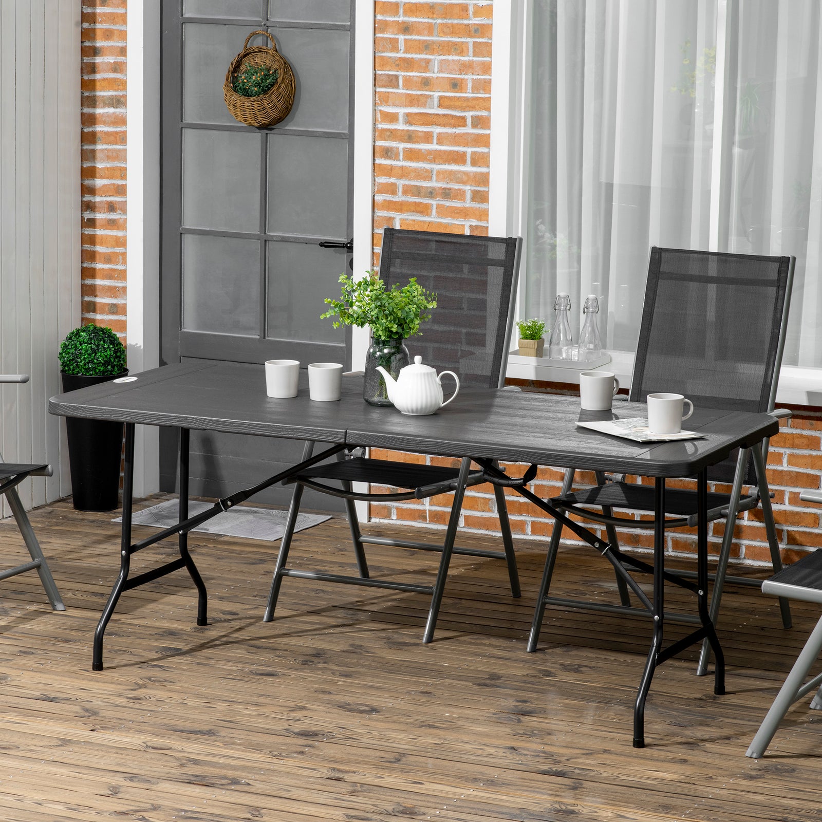 Folding Garden Dining Table for 6, Rectangular Outdoor Dining Table with HDPE Tabletop, Foldable Garden Table with Steel Frame for Balcony, Porch, Charcoal Grey
