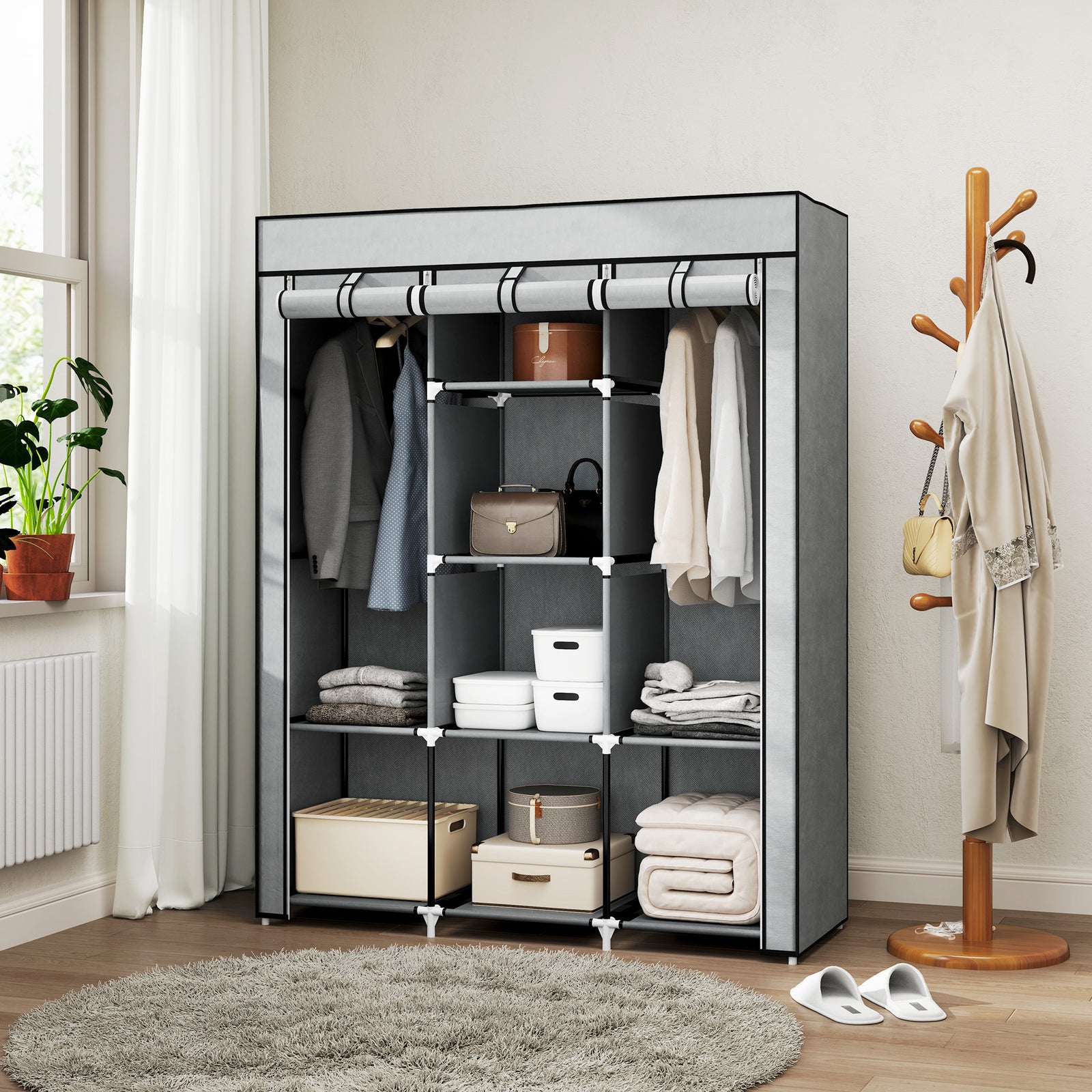 Fabric Wardrobe, with Rails and Shelves - Light Grey