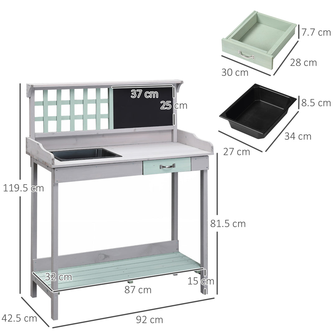Garden Potting Table with Sink, Blackboard and Drawer, Wooden Planting Work Bench Workstation Outdoor Tool Storage Shelves