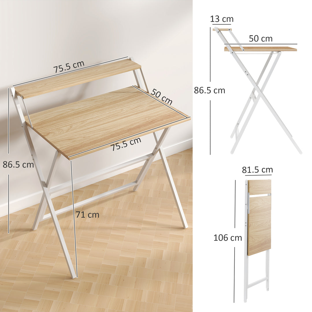 81.5 cm Folding Computer Desk with Monitor Shelf - Natural Wood Finish