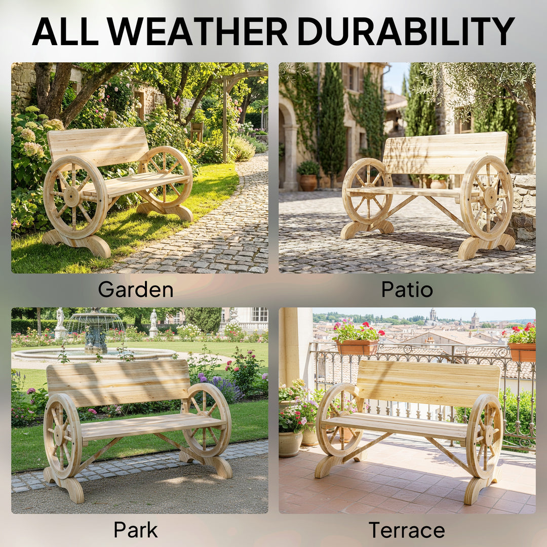 Fir Wood 2-Seater Outdoor Garden Wagon Wheel Bench, Natural Wood Finis