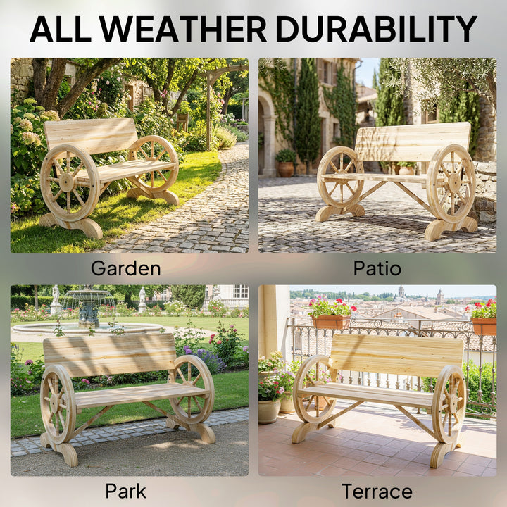 Fir Wood 2-Seater Outdoor Garden Wagon Wheel Bench, Natural Wood Finis