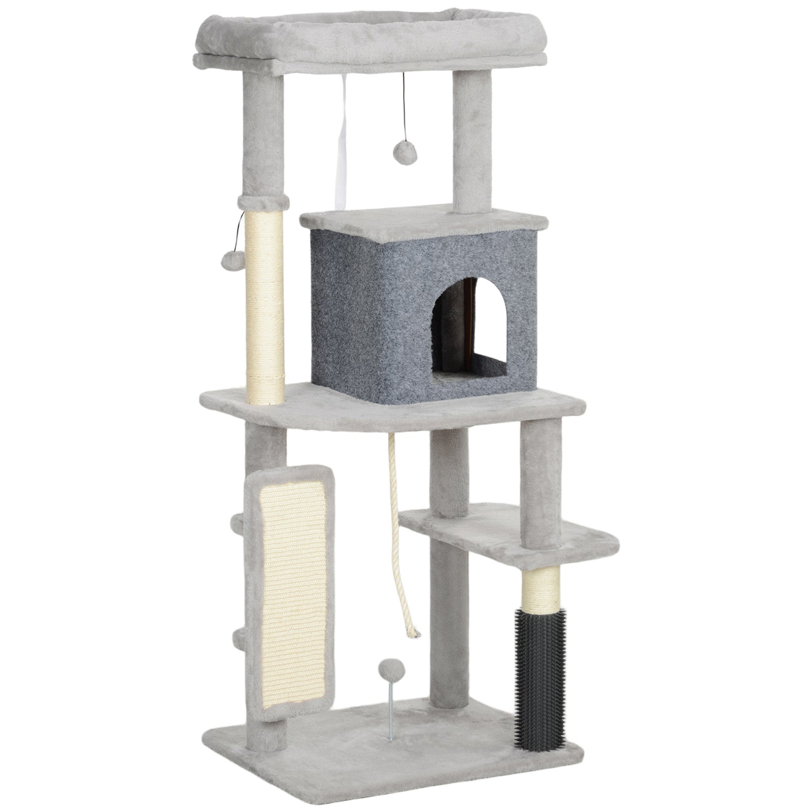 132cm Cat Tree w/ Scratching Posts, Pad, Cat Bed, Cat House, Jumping Platform, Grooming Brush, Anti-Tip Kit, Light Grey