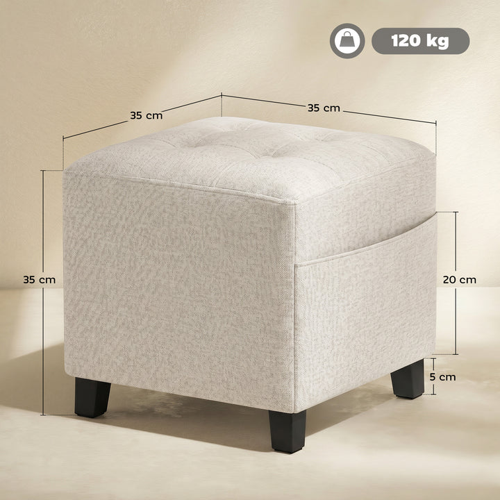 Small Ottoman, Square Footstool with Side Pocket, Rubber Wood Legs and