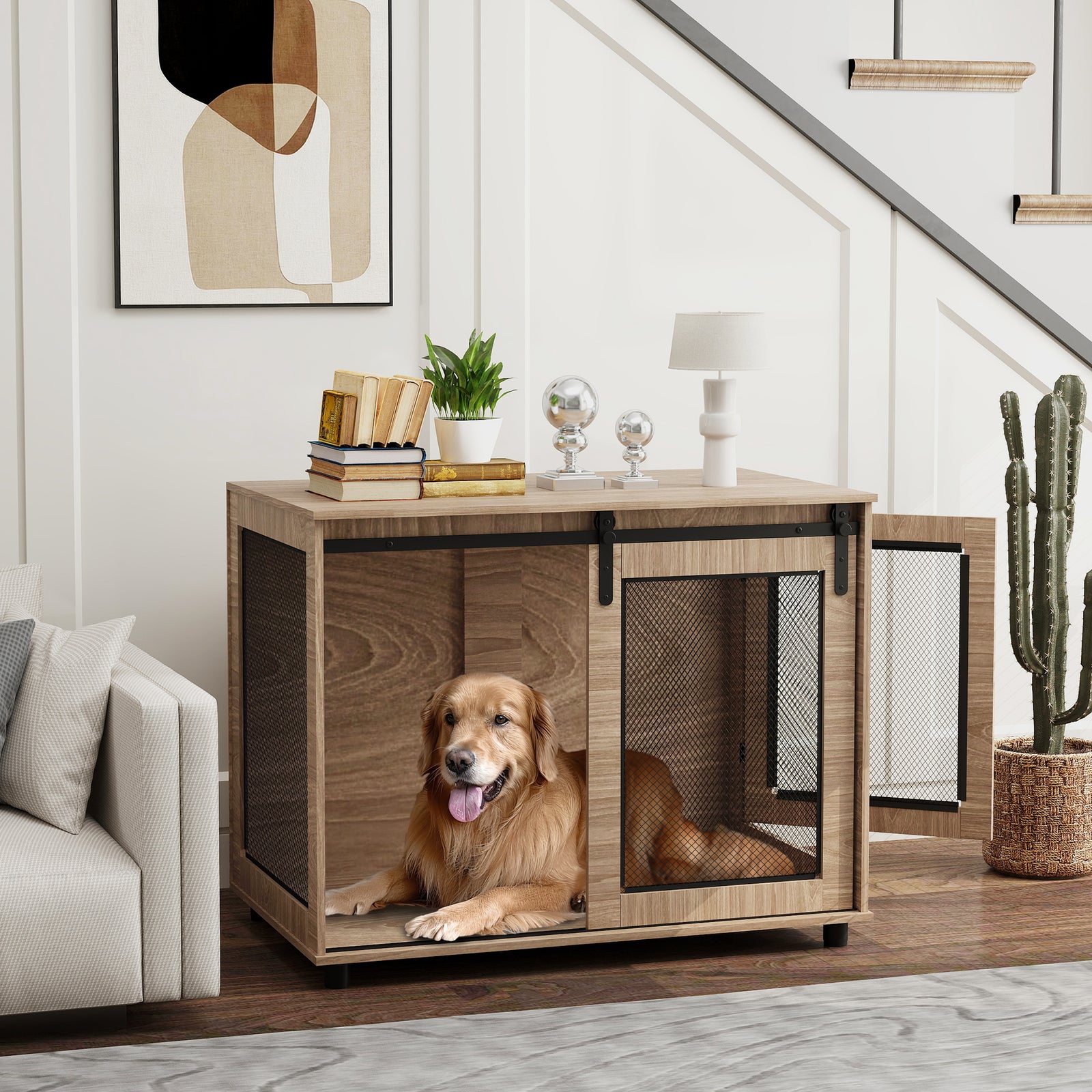 Dog Crate Furniture with Sliding Door for Large Dogs, Walnut Brown