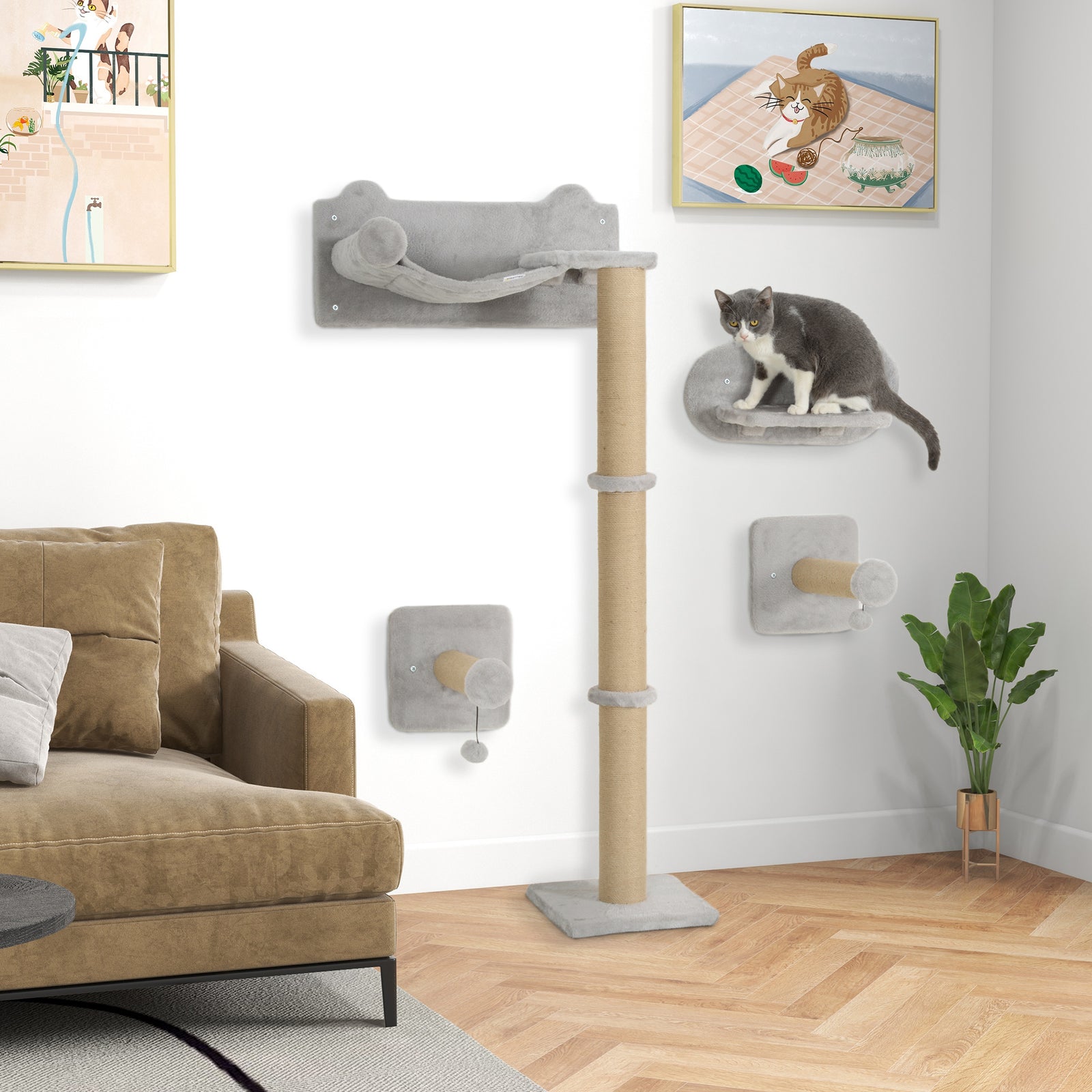4-Piece Cat Shelves w/ Scratching Post, Steps, Jumping Platform, Ladder, Toy Balls, for Indoor Cats, Light Grey