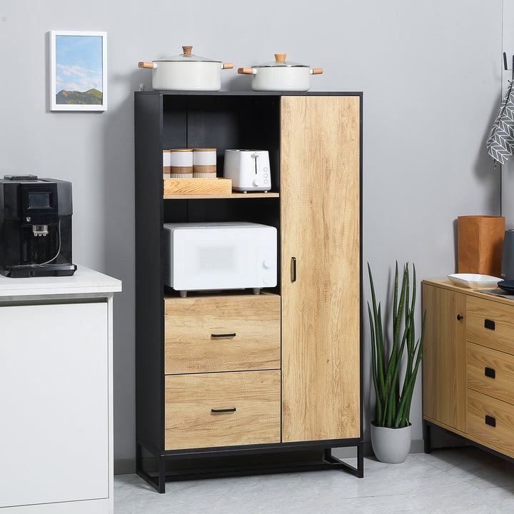 HOMCOM  Kitchen Cupboard, Freestanding Storage Cabinet with Soft Close Door, Microwave Stand with Adjustable Shelves and Drawers Natural and Black