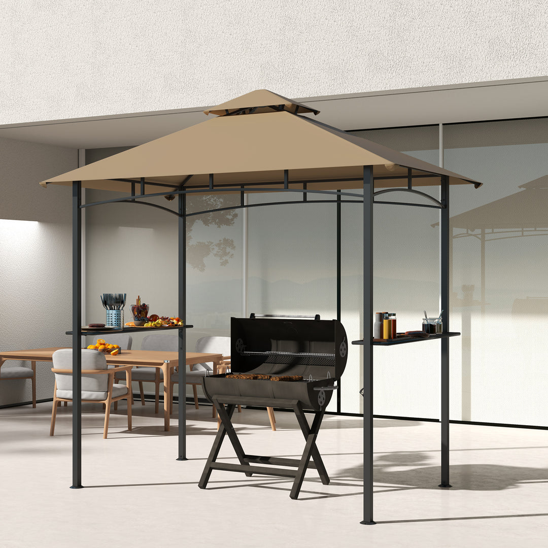 2.5x1.5m (8'x5') Grill Gazebo Canopy, Double Tiered Outdoor BBQ Gazebo Shelter with 2 Side Shelves for Garden, Patio, Barbecue, Picnic, Khaki