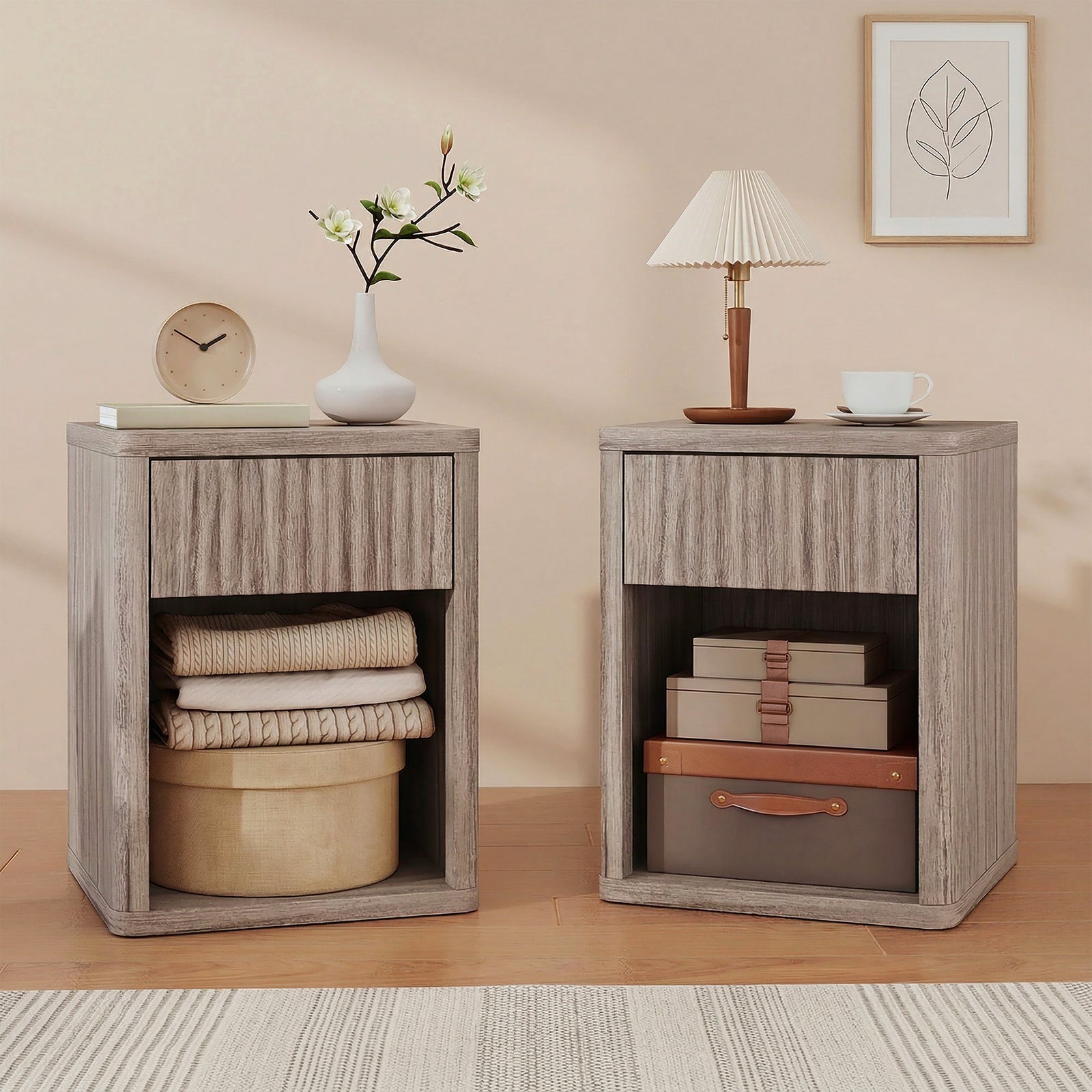 Modern Bedside Table Set of 2, Bedside Cabinet with Drawer and Open Sh
