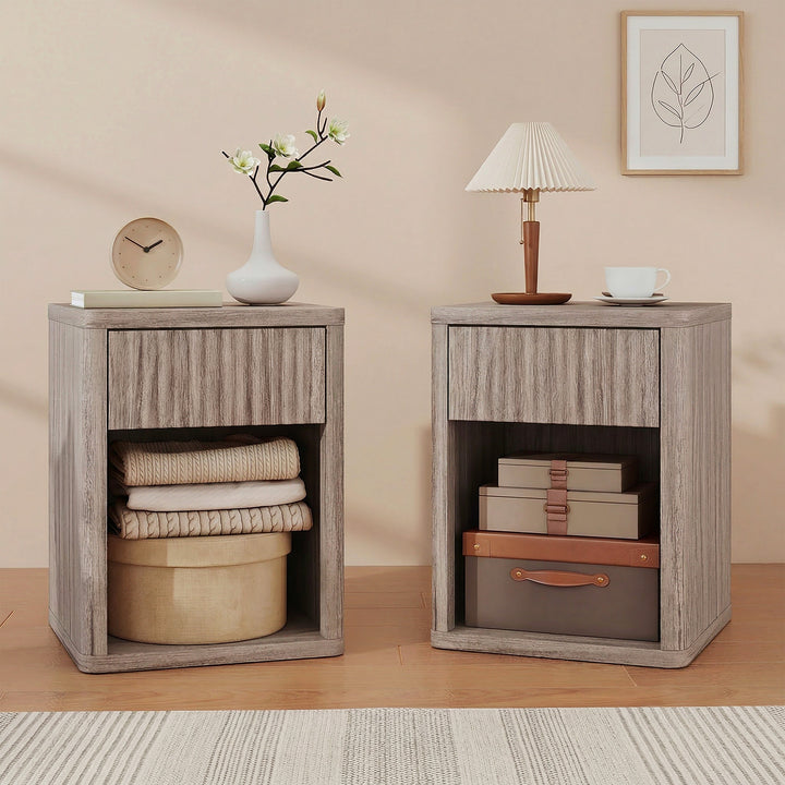 Modern Bedside Table Set of 2, Bedside Cabinet with Drawer and Open Sh