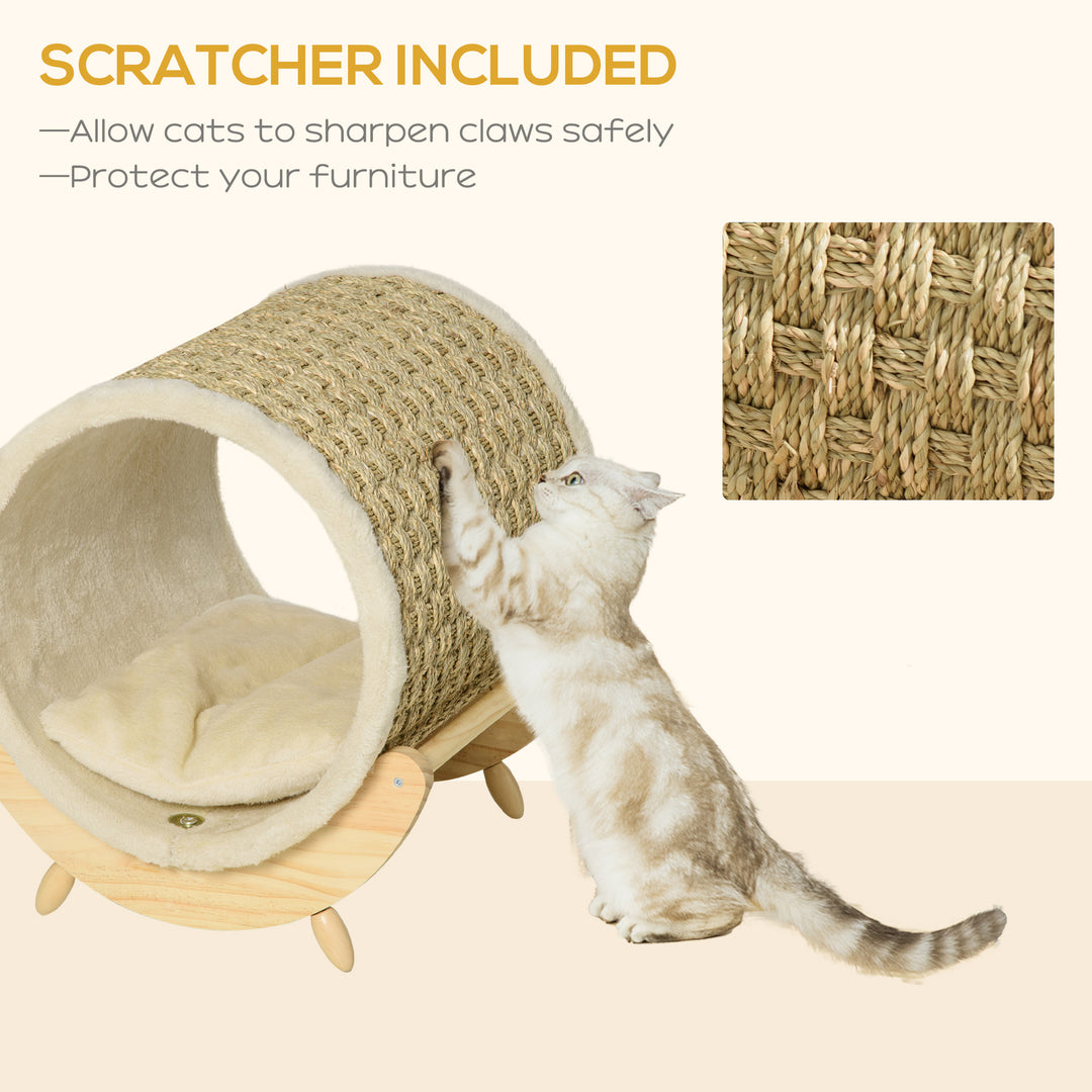 PawHut Elevated Cat House, Kitten Bed with Scratcher, Soft Cushion, Pet Shelter, 41 x 38 x 43 cm, Khaki | Aosom UK