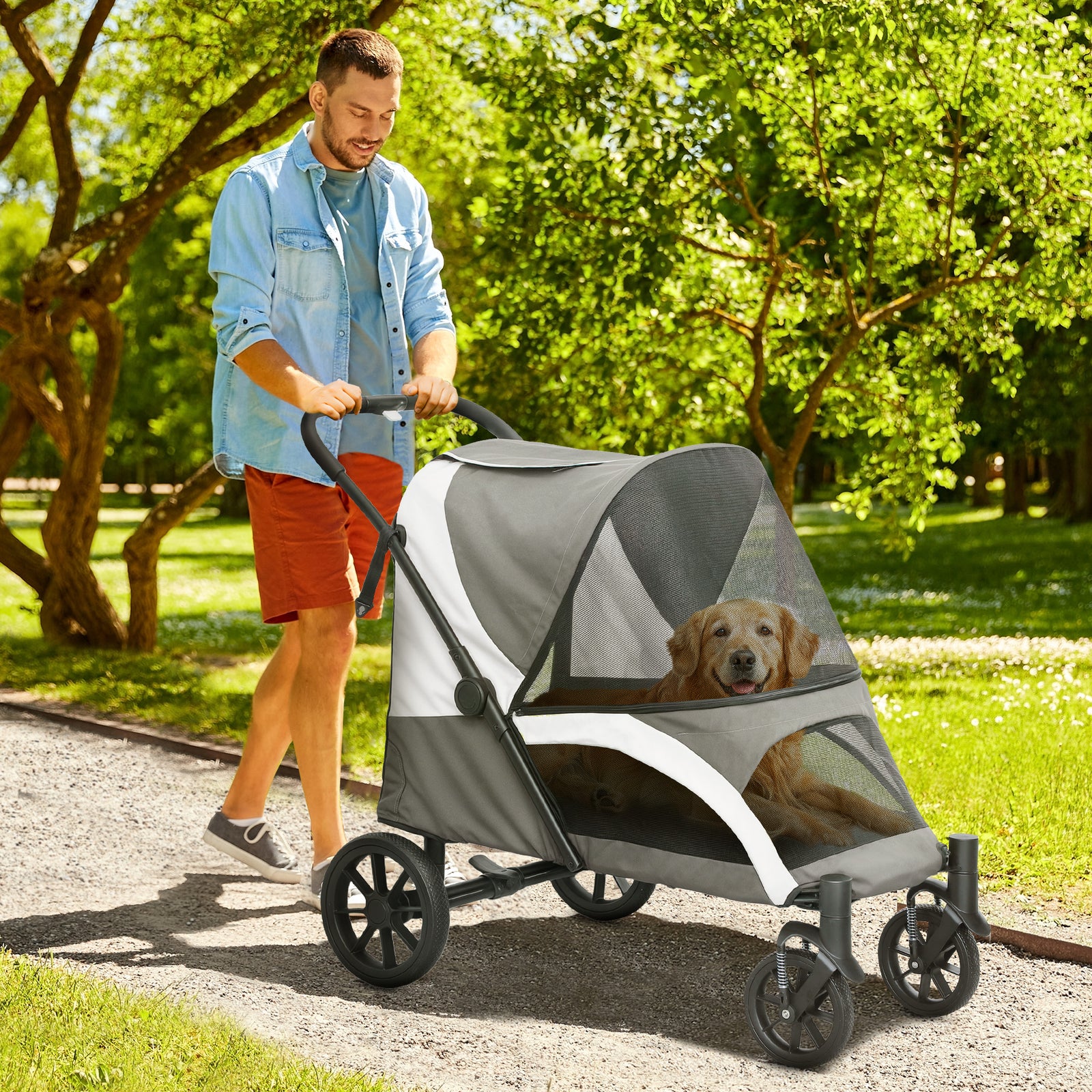 Foldable Pet Stroller for Large Dogs with 4 Big Wheels, Shock-Absorbing Frame, Safety Leashes, Brakes, Dark Grey