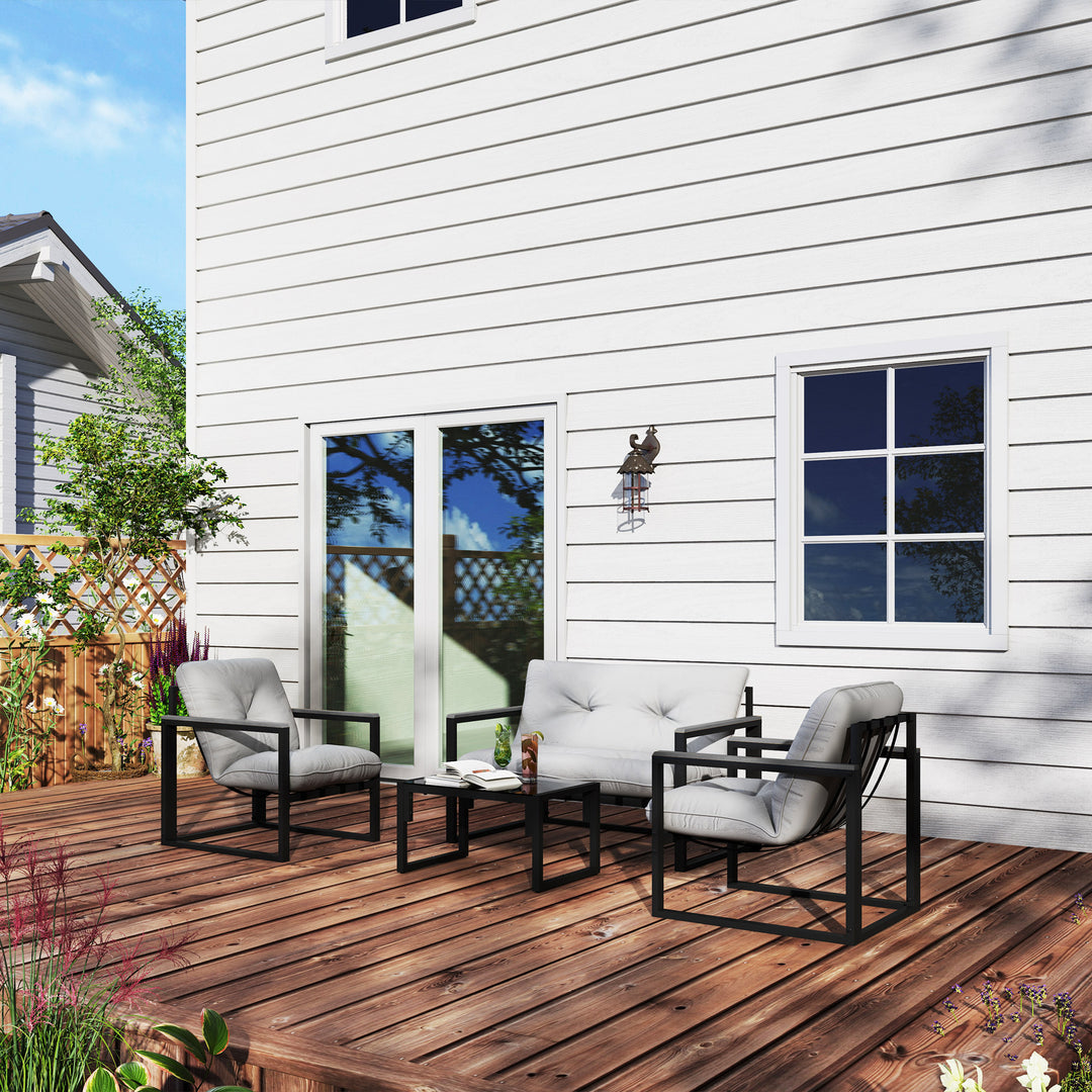 Garden Furniture Set, 4 Piece Indoor Outdoor Conservatory with Loveseat Sofa, Armchairs, Glass Top Coffee Table, Cushions for Balcony, Poolside, Patio, Dark Grey